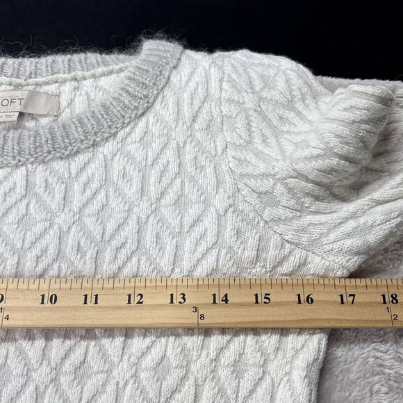 LOFT Womens Textured Diamond Knit Sweater S  Nylon Mohair Wool Blend White Gray - Picture 10 of 13